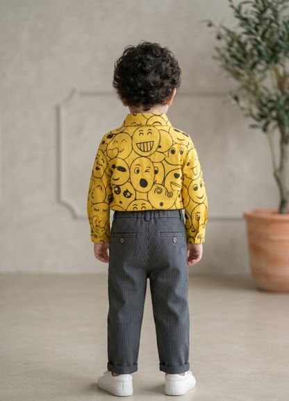 Smiley Print Yellow Shirt Pant Bow Sets