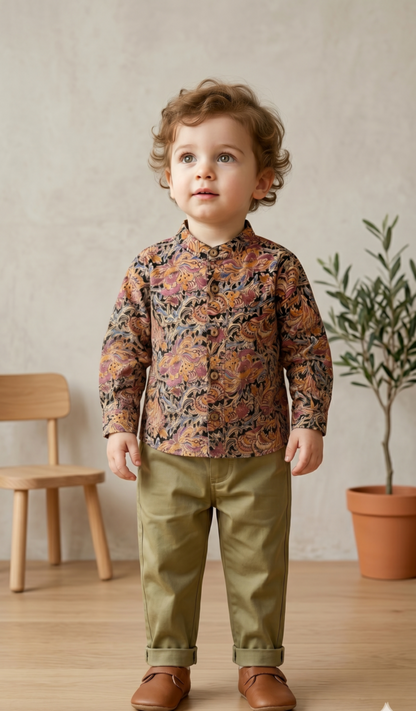 KIM & MISH Boy Kalamkari Ethnic Shirt and Pant Set – Pure Cotton