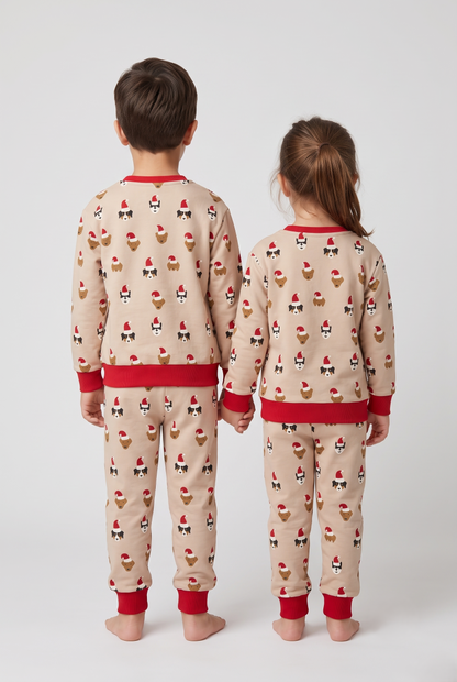 Unisex Beige Red Cotton Printed Full Sleeve Co-ord Sets