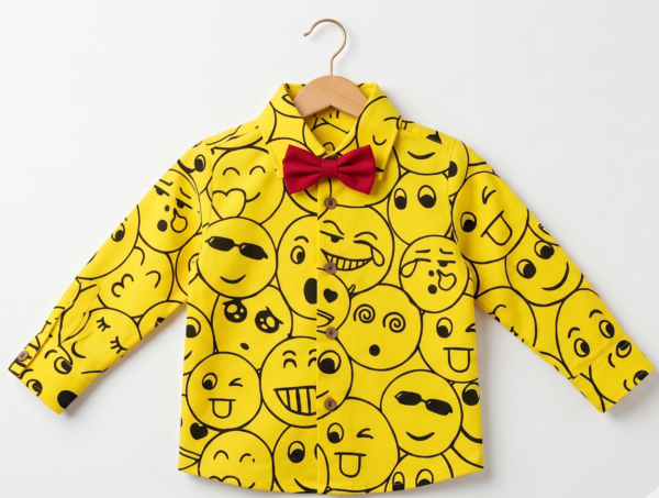 Smiley Print Yellow Shirt Pant Bow Sets