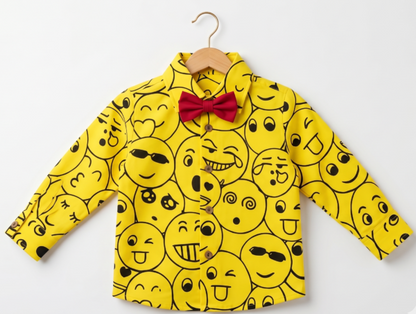 Smiley Print Yellow Shirt Pant Bow Sets