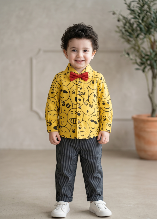 Smiley Print Yellow Shirt Pant Bow Sets